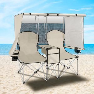 PLKO Portable Double Camping Chair with Canopy Shade,Heavy Duty Beach Chairs for Adults,Folding Beach Chair with Cooler Bag for Sports Backyard Fishing Outside